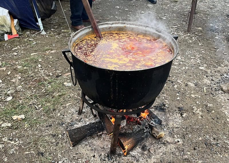 Oală mare cu ciorbă fierbinte la târgul Farcașa, Neamț.