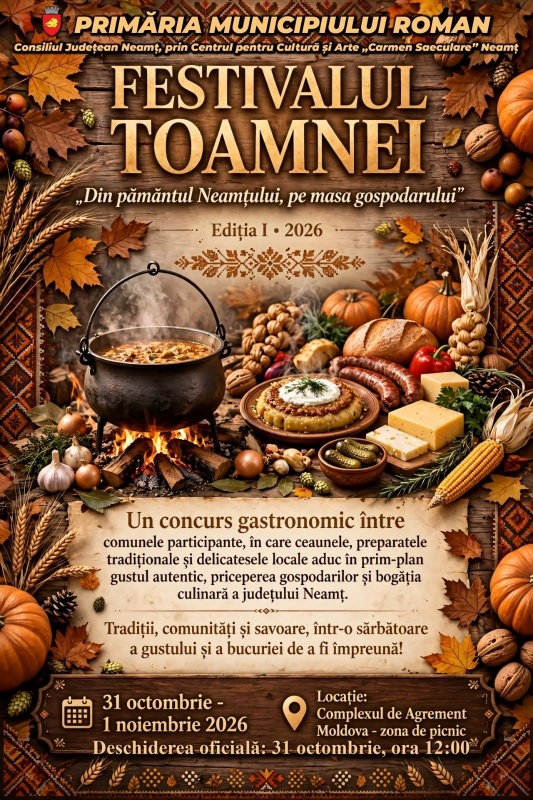 Festivalul Toamnei la Roman. „Din Pământul Neamțului, pe Masa Gospodarului” – Ziua Recoltei, a Tradițiilor Gastronomice și a Recunoștinței în județul Neamț Festivalul Toamnei în Neamț - casă tradițională, mâncare și borcane.