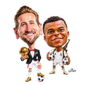 Caricaturi fotbalist cu trofee și mingi de fotbal, stil caricatură.