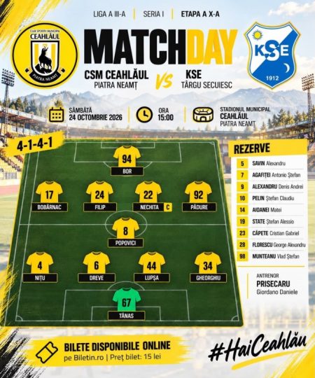 Mărire și decădere: în octombrie 2001 și 2006 Ceahlăul bătea FC Argeș UTA în Liga 1, în octombrie 2026 pierde acasă în Liga 3 și așteaptă judecata falimentului Meci de fotbal Ceahlăul Piatra Neamț vs KSE Târgu Secuiesc pe stadionul Ceahlăul.