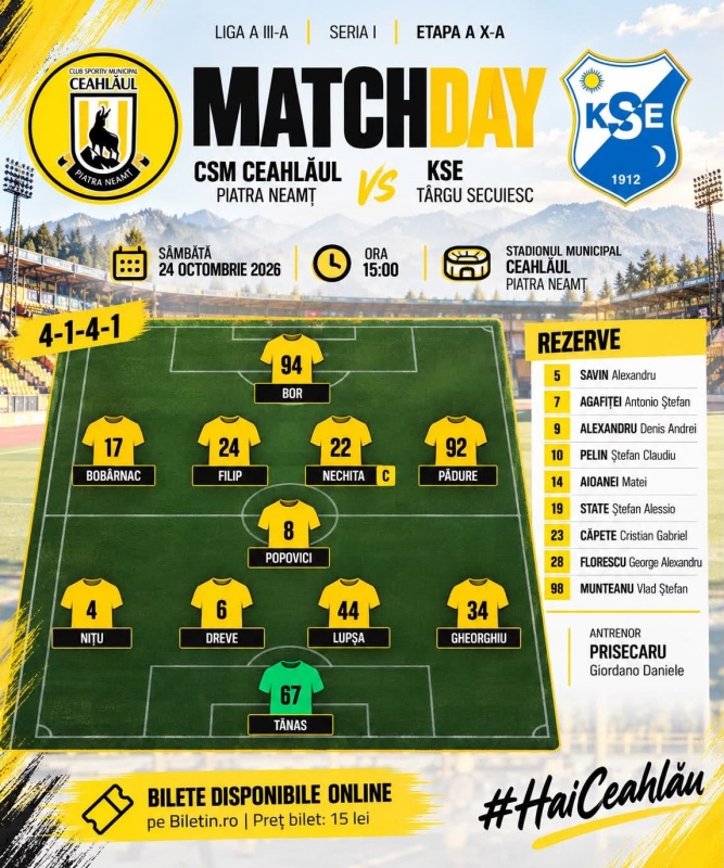 Mărire și decădere: în octombrie 2001 și 2006 Ceahlăul bătea FC Argeș UTA în Liga 1, în octombrie 2026 pierde acasă în Liga 3 și așteaptă judecata falimentului Meci de fotbal Ceahlăul Piatra Neamț vs KSE Târgu Secuiesc pe stadionul Ceahlăul.