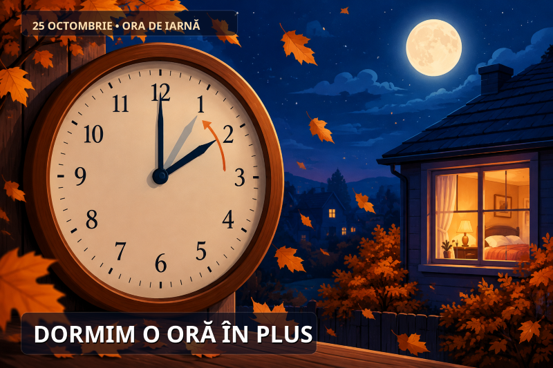 Dormim o oră în plus! Noaptea de sâmbătă spre duminică e cea mai lungă din 2026 Ceas mare indicând ora 12 aproape, toamna noaptea de sâmbătă spre duminică.
