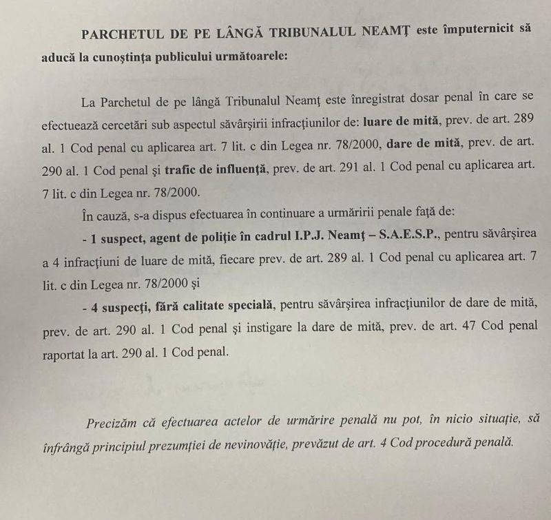 Dosar penal polițist Neamț cercetat pentru luare de mită.