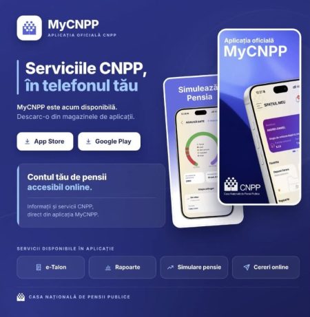 Pensia, la un click distanță: Casa Națională de Pensii a lansat aplicația MyCNPP Imagine promocională MyCNPP cu telefoane afișând aplicația CNPP.