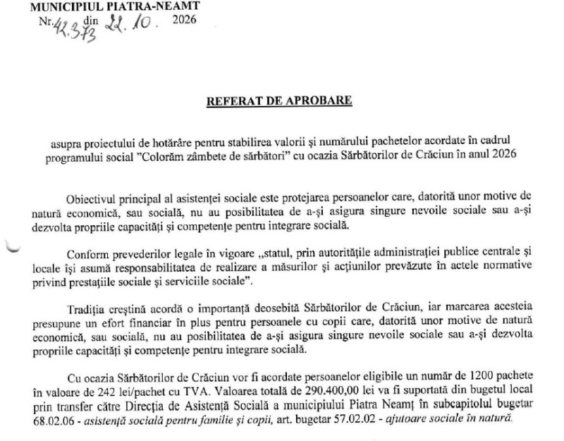 Piatra-Neamț pregătește 2.400 de pachete de Crăciun pentru copii și seniori. Buget de aproape 580.000 de lei