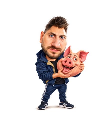 Bărbat tânăr ținând un porcusor roz.