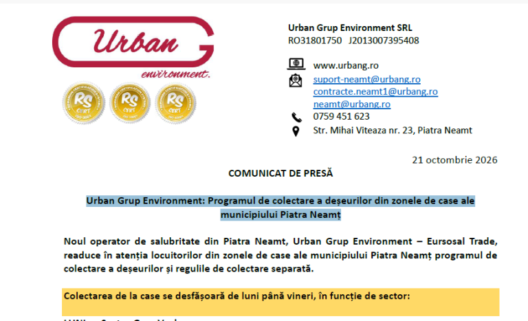 Imagine cu containere de gunoi și echipamente de colectare a deșeurilor în Piatra Neamț.
