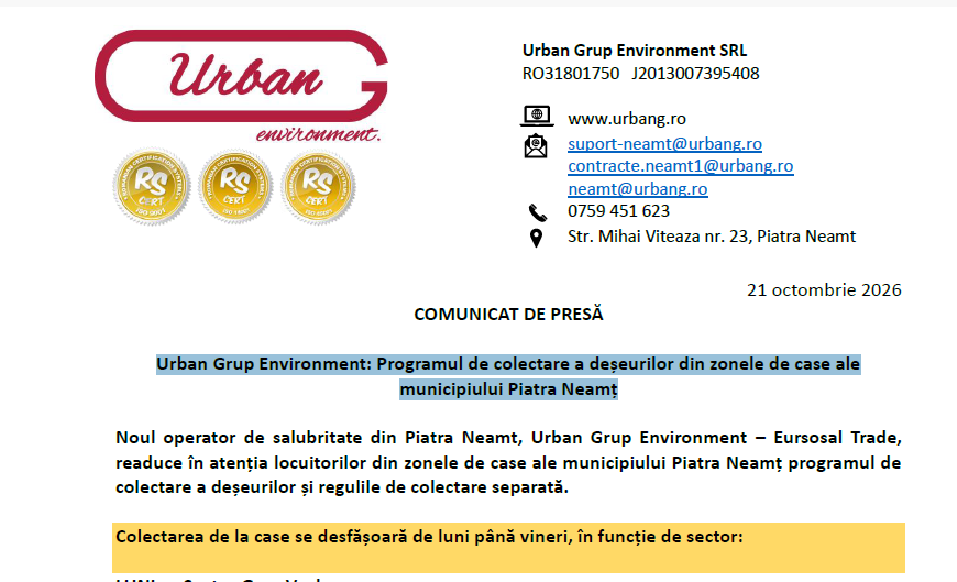 Urban Grup Environment: Varianta finală a programului de colectare a deșeurilor din zonele de case ale municipiului Piatra Neamț Urban Grup Environment: Varianta finală a programului de colectare a deșeurilor din zonele de case ale municipiului Piatra Neamț