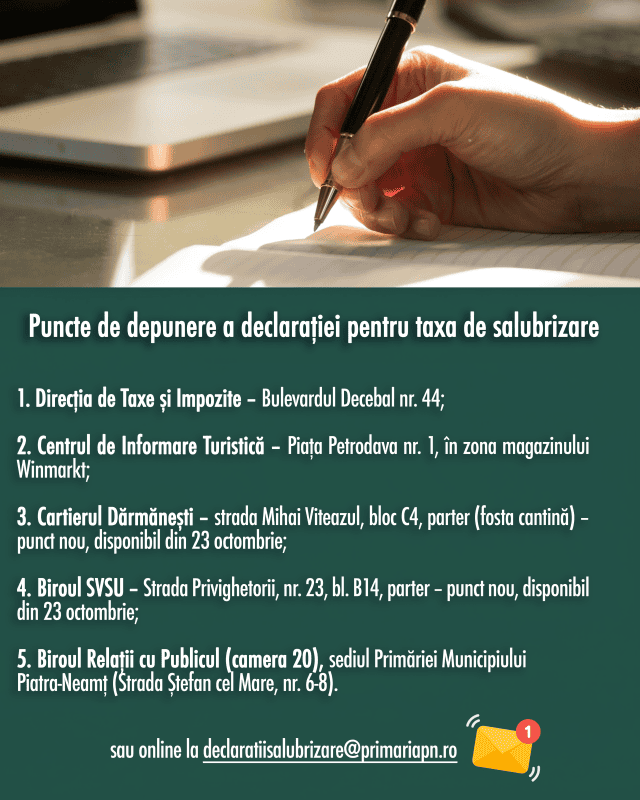 Piatra-Neamț. Două noi locații deschise pentru depunerea declarațiilor de salubrizare 1 Piatra-Neamț. Două noi locații deschise pentru depunerea declarațiilor de salubrizare