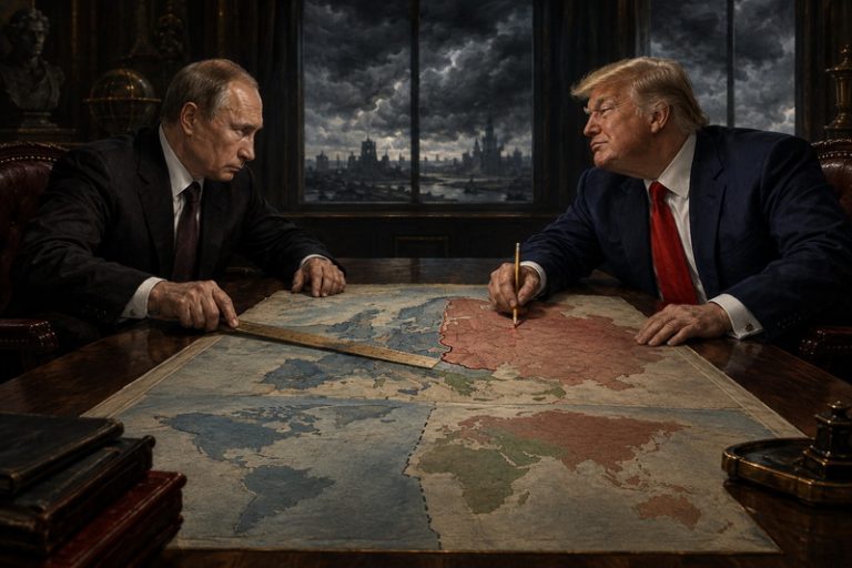 Donald Trump și Vladimir Putin discutând asupra unui plan pe hartă.