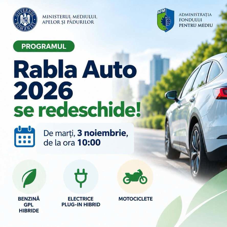 Rabla 2026: noi fonduri pentru persoane fizice, de marți, 3 noiembrie 1 Rabla 2026: noi fonduri pentru persoane fizice, de marți, 3 noiembrie